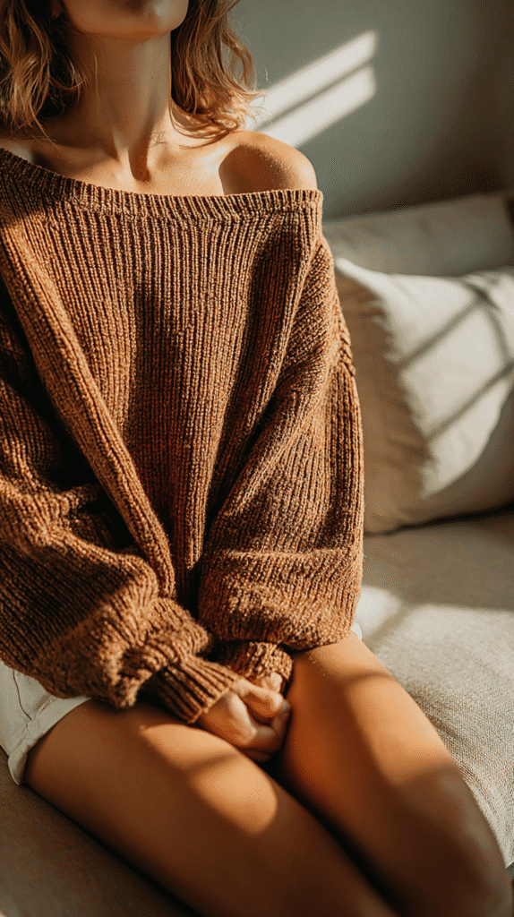 romanticize-your-life-clothes Woman in cozy brown sweater sitting on sofa with sunlight filtering through window.
