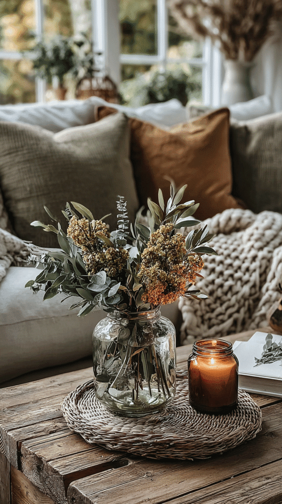 romanticize-your-life-decor Cozy living room with flower vase, lit candle, and rustic decor on a wooden table near sofa cushions.
