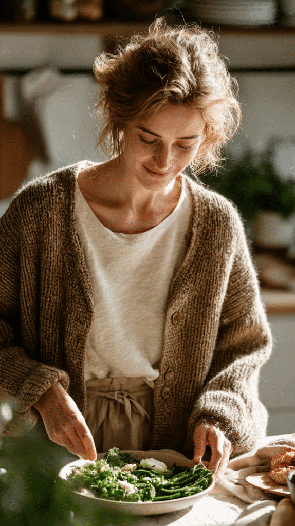 romanticize-your-life-eating Woman smiling while preparing a fresh green salad in a cozy, sunlit kitchen.