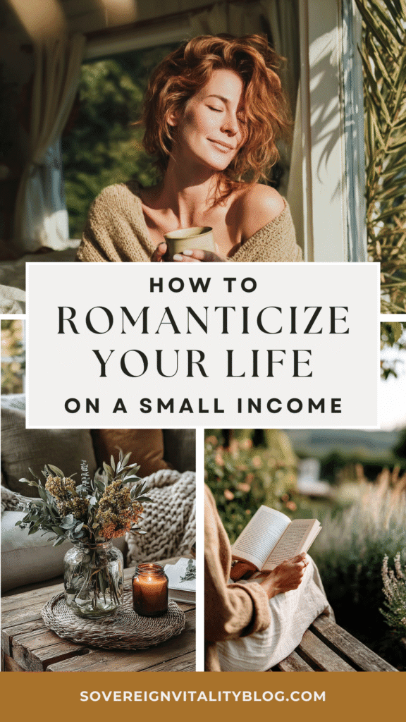 romanticize-your-life-low-income Woman savoring a peaceful moment with tea, book, and candle; Romanticize Your Life on a Small Income.