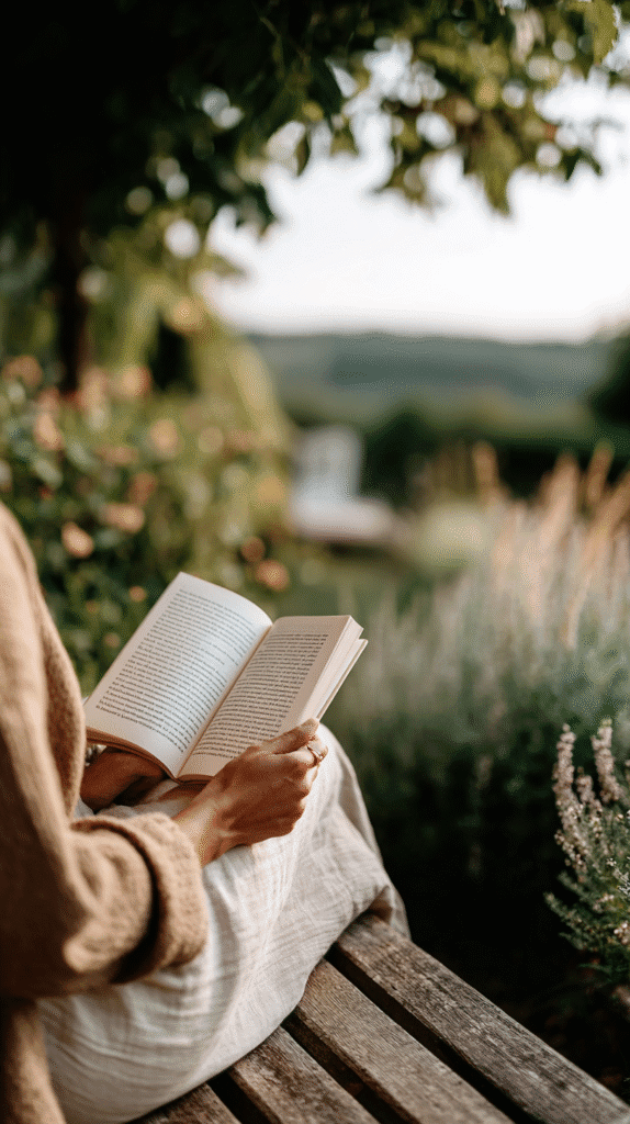 romanticize-your-life-reading Person reading a book on a wooden bench in a garden, surrounded by greenery and soft sunlight.