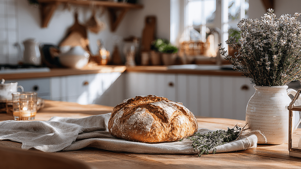 Rustic kitchen setting with fresh crusty bread on wooden table, alongside herbs and a vase of flowers.