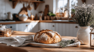 Rustic kitchen setting with fresh crusty bread on wooden table, alongside herbs and a vase of flowers.