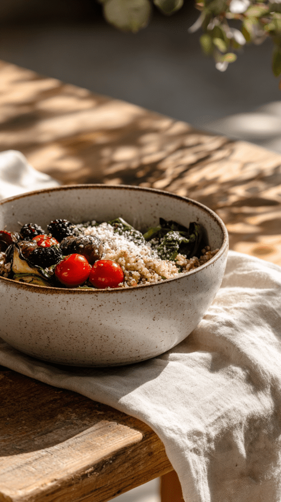 Healthy quinoa salad with cherry tomatoes, spinach, berries, and cheese in a ceramic bowl on wooden table, sunny setting.