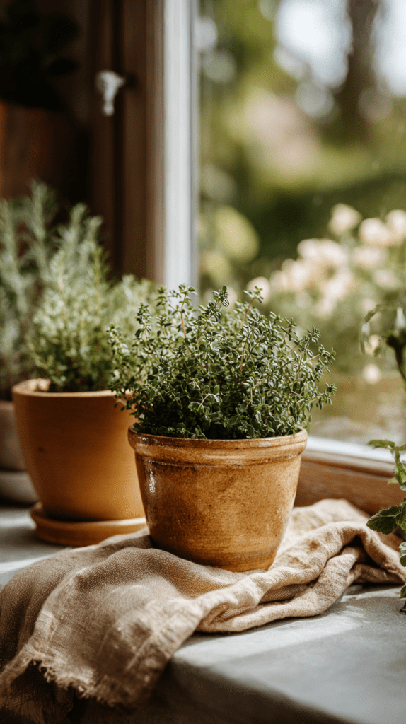 Potted herb plants by sunny window, vibrant greenery in terracotta pots on rustic cloth, home gardening inspiration.