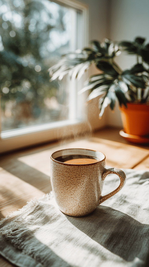 Steaming coffee in a speckled mug on a wooden table by a sunlit window and potted plant. Cozy morning vibes.