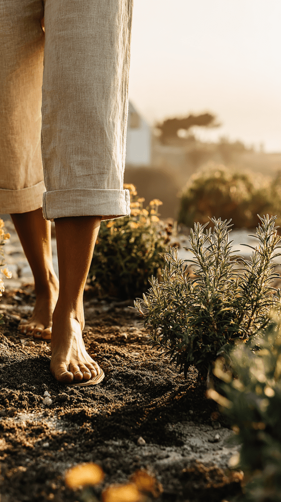 Barefoot person walking on soil among plants at sunset, wearing cropped beige pants.