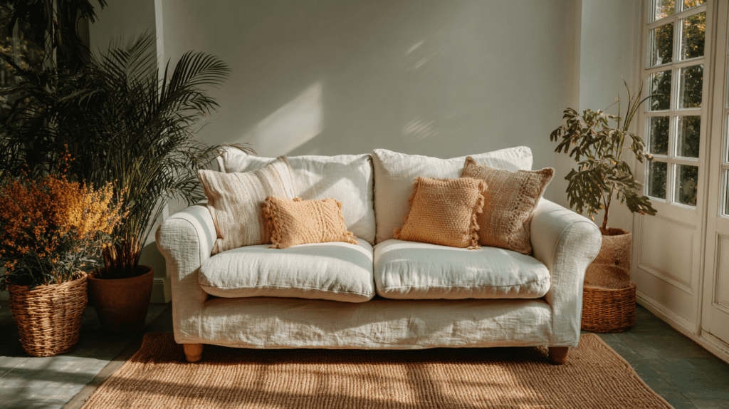 Cozy living room with white sofa, beige cushions, and lush green plants in natural light.