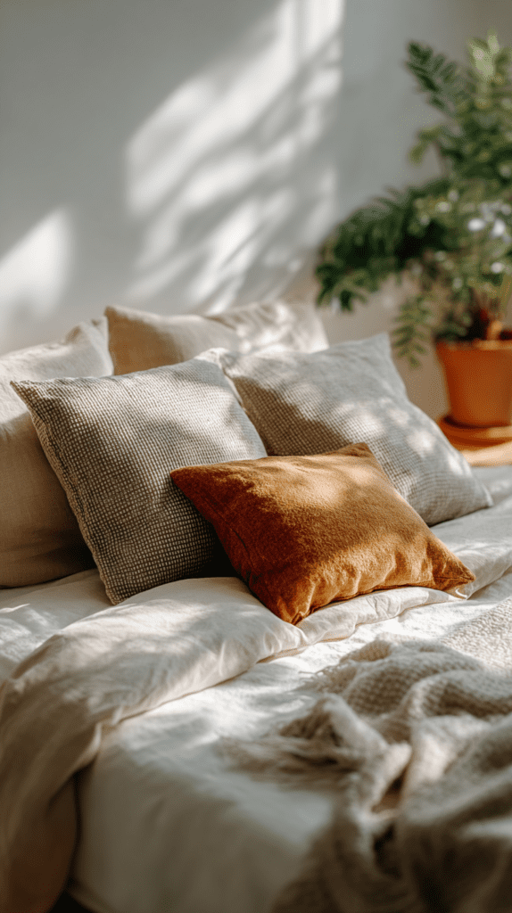 Cozy bedroom setting with soft pillows, warm light, and a potted plant creating a relaxed atmosphere.