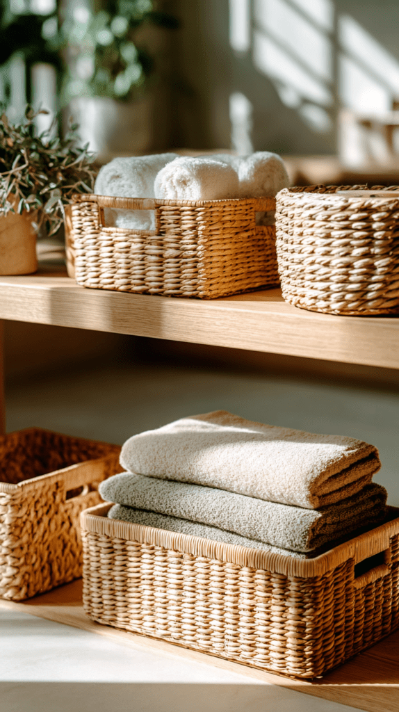 Woven baskets with folded towels on a wooden shelf, surrounding potted plants in sunlit cozy home interior.