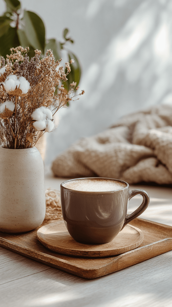 Cozy scene with a latte on a wooden tray, next to a vase of dried flowers, evoking warmth and relaxation.