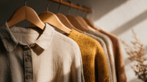 Natural fiber clothes on wooden hangers, showcasing neutral and earthy tones in sunlight.
