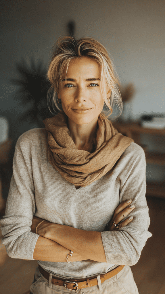 Smiling woman with crossed arms wearing a cozy sweater and scarf in a stylish home setting.