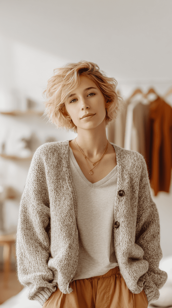 Woman in cozy knit cardigan and casual attire in stylish, minimalistic room setting.
