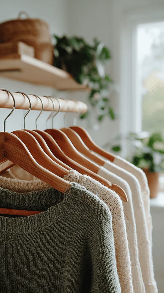 Cozy knitted sweaters on wooden hangers in a bright room. Neutral tones and natural lighting create a serene atmosphere.