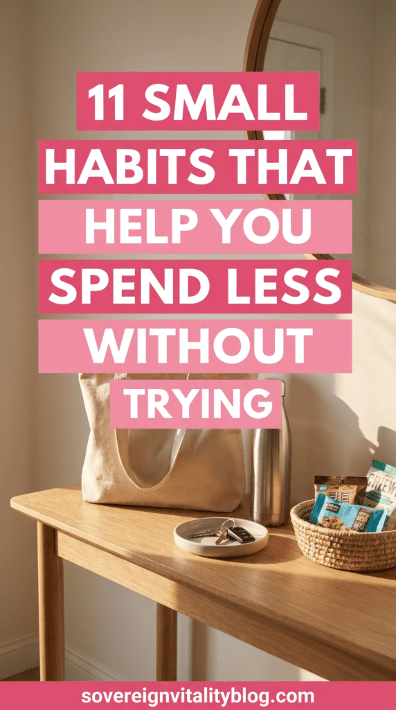 11 tips to save money effortlessly; minimalist setup with bag, keys, and snacks on a wooden table.