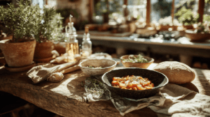Rustic kitchen with fresh herbs, homemade dish in a bowl, and bread on a wooden table, sunlit ambiance.