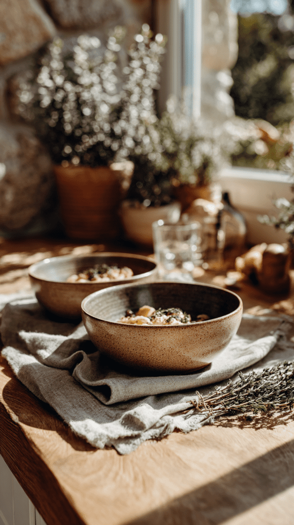 Rustic kitchen setting with two bowls of pasta garnished with herbs on a wooden table near the window.