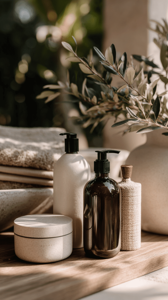 Natural spa products on a wooden tray with olive branch decor, emphasizing relaxation and wellness.