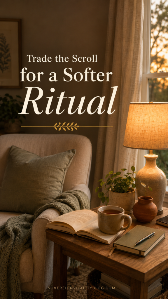 Cozy evening corner with tea, a book, and a lamp supporting a calmer analog transition at home.