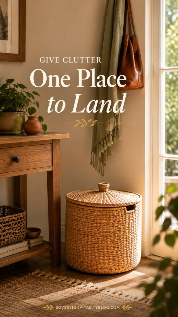 Lidded woven basket used as a closed catchall to reduce visible clutter in a calm home entryway.