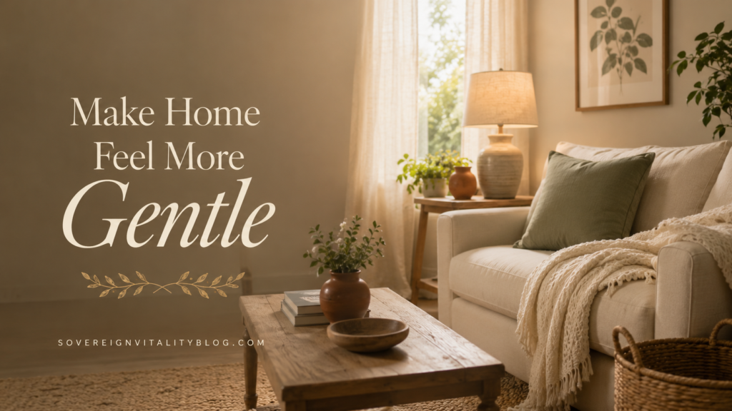 Calm living room with soft lighting, natural textures, and sensory-friendly design details.